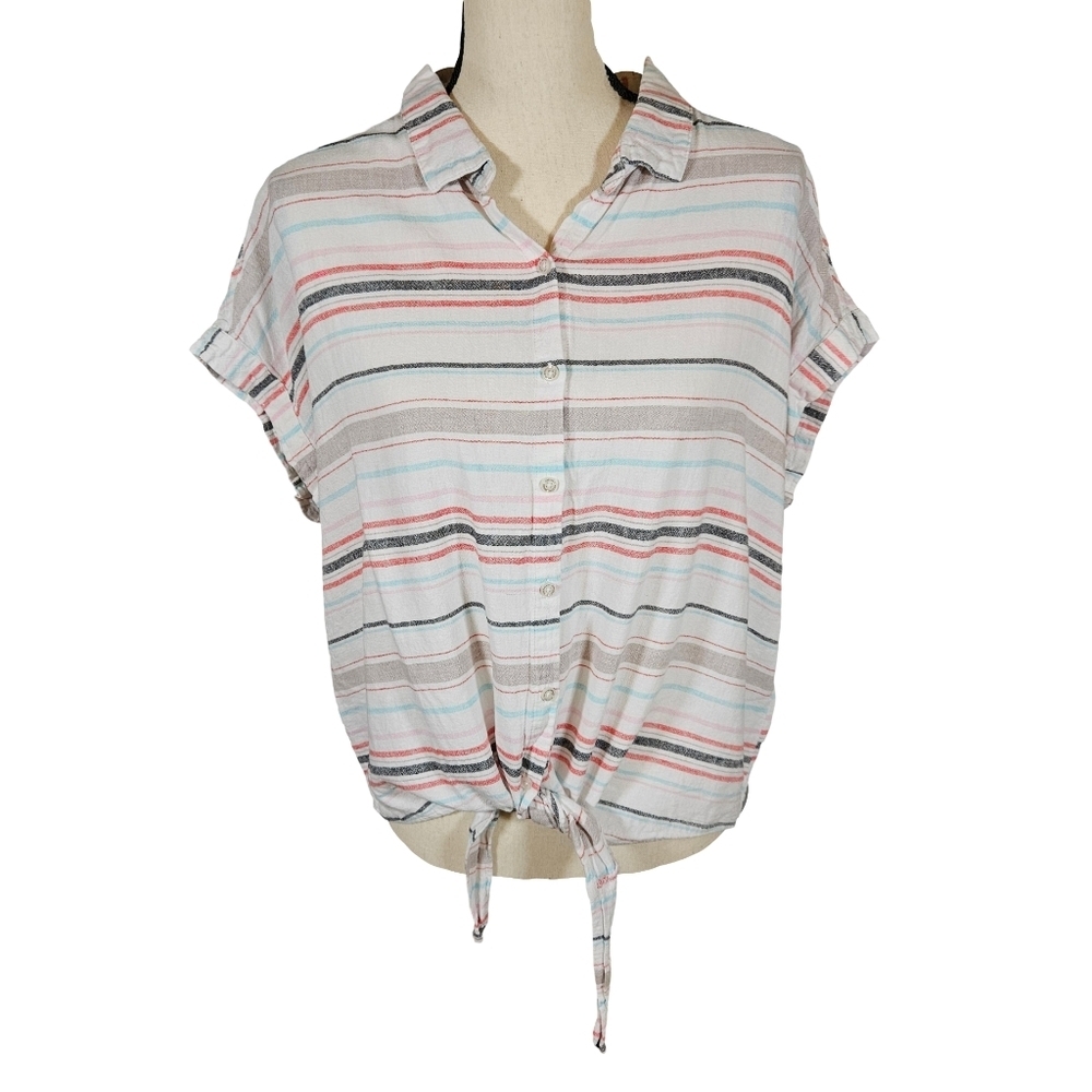 Weatherproof Vintage Washable Linen Blend Striped Button Up Shirt, Multi, Large